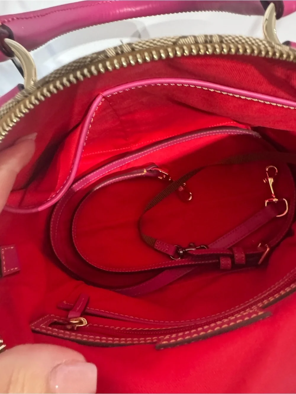 Dooney & Bourke Brown Signature Satchel with Pink Trim